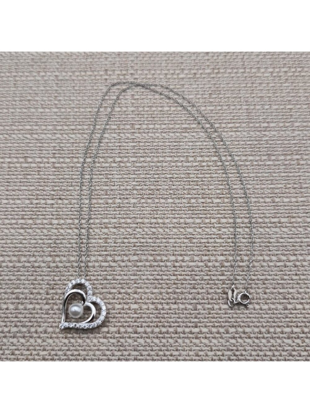 18 Inch Sterling Silver Faux Pearl Double Heart Cubic Zirconia Necklace A8744